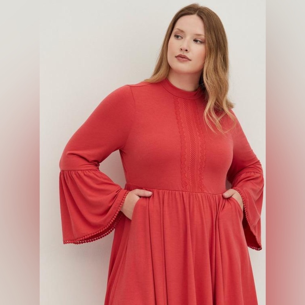 Torrid Retro 60s 70s Style Mini Jersey Mock Neck Skater Dress, Cranberry, Sz 1x - Picture 2 of 5